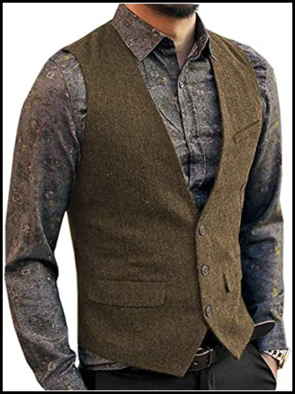 Men's Herringbone Tweed Wool Suit Vest Slim Fit Single Breasted Waistcoat